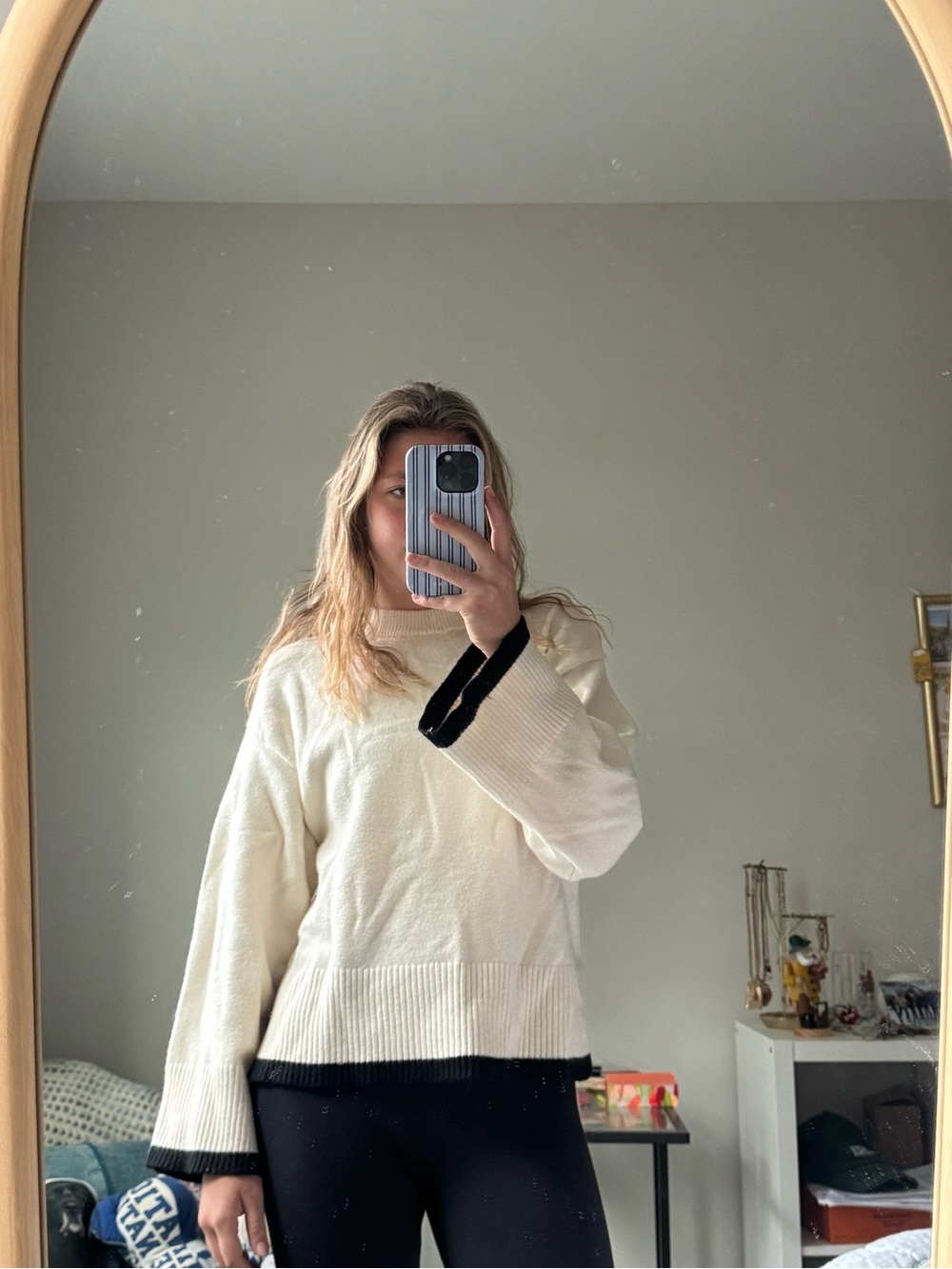 Cream Long-Sleeve Sweater with Black Trim - Women